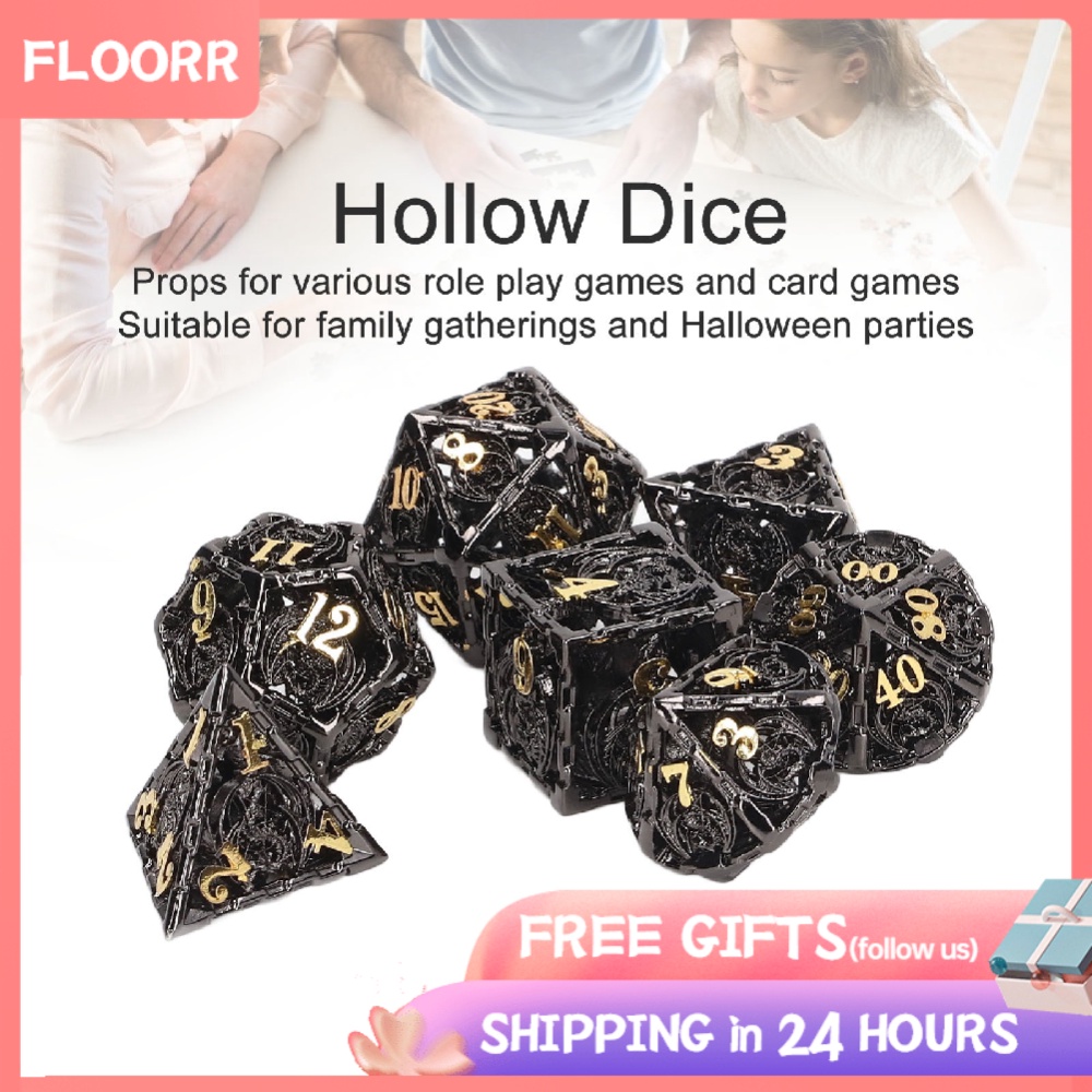 Floorr 7pcs Copper Polyhedral Dice Christmas Party Exquisite Hollow Set Props for Role Playing Games Black Gold