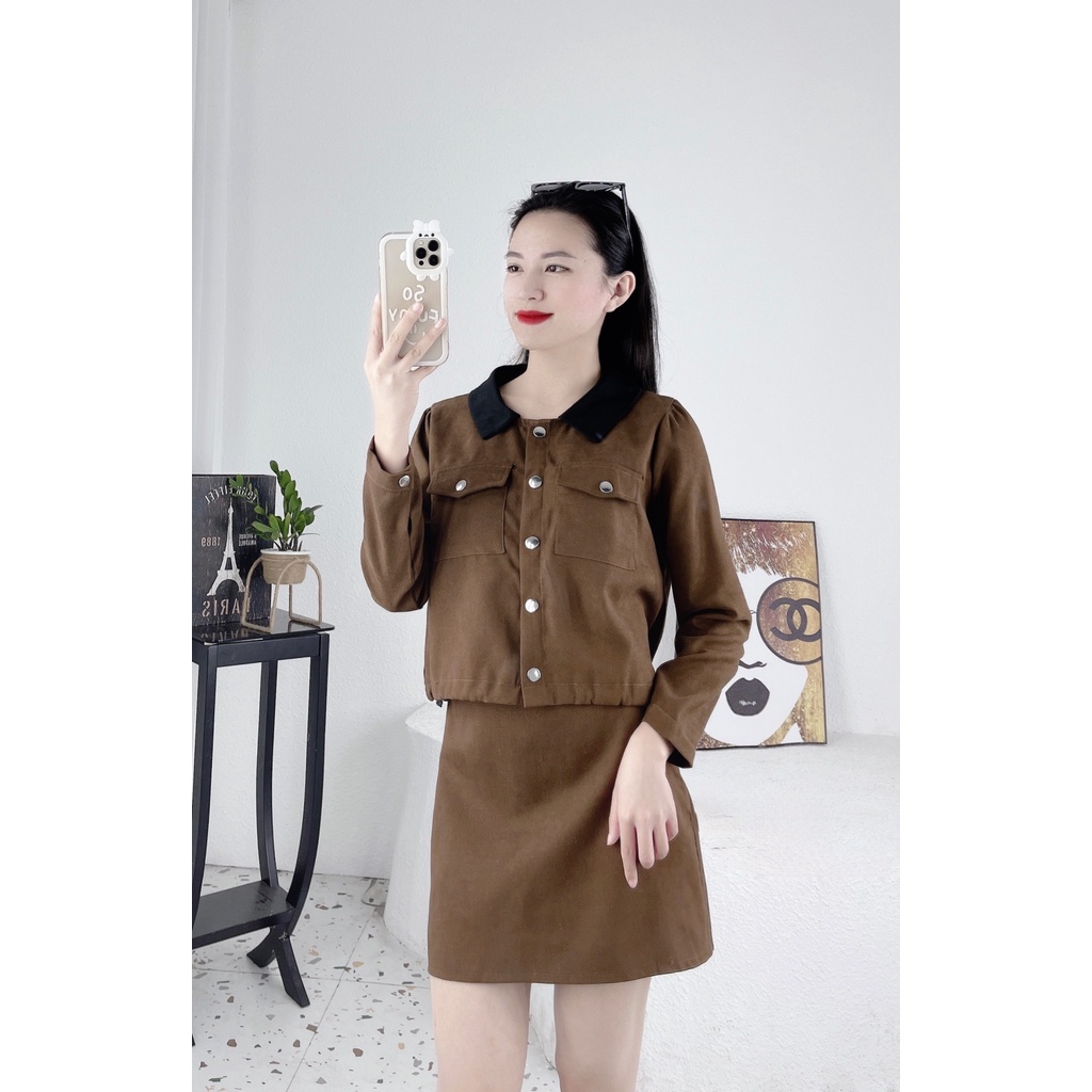 Set áo khoác croptop phối với chân váy chữ A ngắn chất nhung lỳ hot trend (ảnh thật shop chụp)