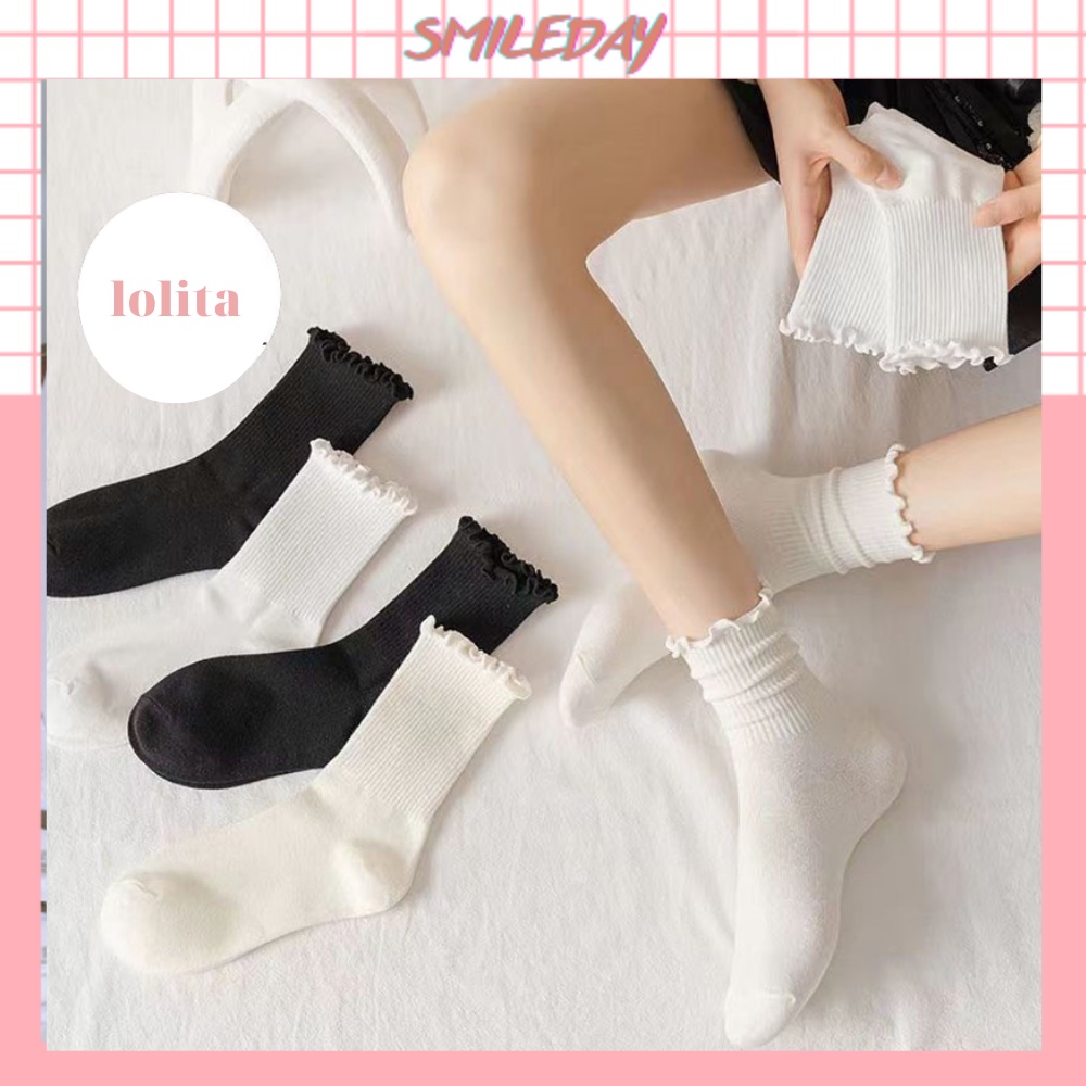 Tất cao cổ bèo nhún - Vớ Lolita điệu đà co giãn thoáng khí dễ mix giày màu trắng be đen cho nữ TC004