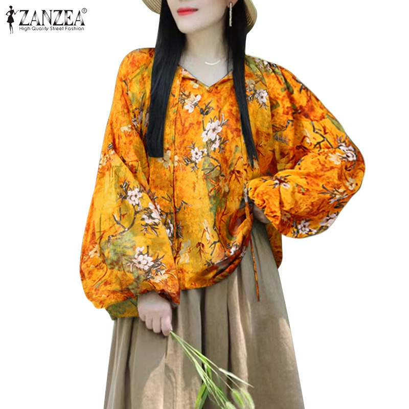Áo kiểu ZANZEA cổ tròn tay phồng cột dây dáng rộng in họa tiết xinh xắn thời trang cho nữ