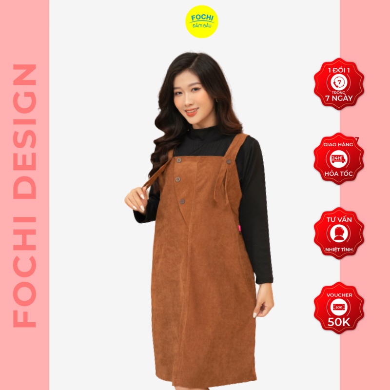 Váy Yếm Bầu Hai Dây Dáng Suông A Chất Nhung Màu Nâu Trẻ Trung FOCHI VC238