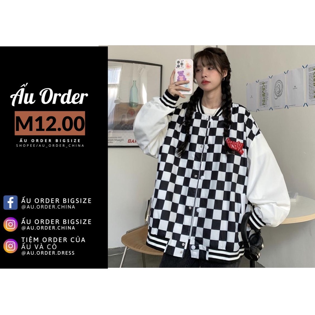 Áo bomber nỉ bông họa tiết ô vuông phối chữ ở lưng cá tính Super Bigsize đến 150kg