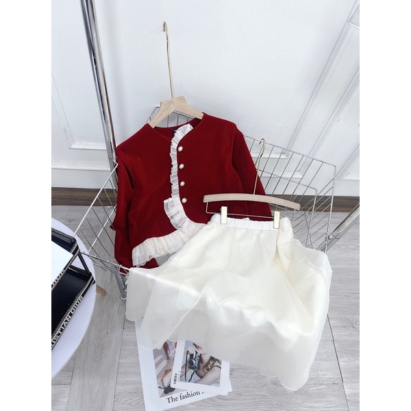Set Áo Nhung Bèo Phối Chân Váy Dài Xoè
