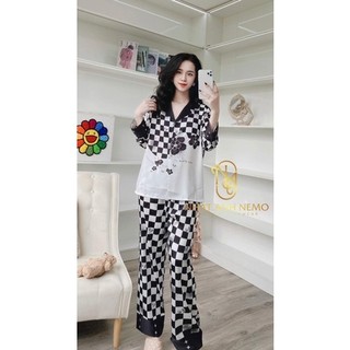 Sét đồ ngủ lụa xước gấu caro thiết kế siêu sang- chất mịn mát loại 1