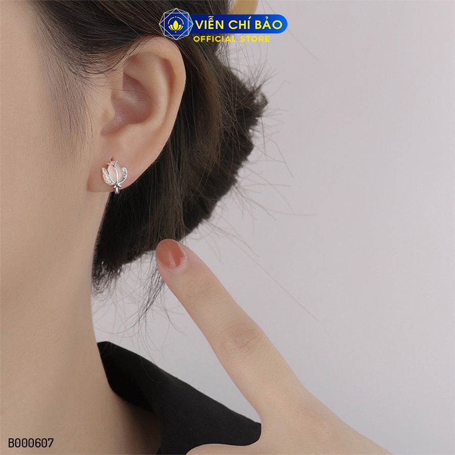 Bông tai bạc nữ hoa hồng khóa tròn đính đá chất liệu bạc 925 thời trang phụ kiện trang sức Viễn Chí Bảo B000607