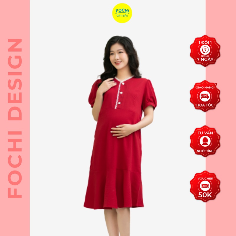 Đầm bầu đũi đỏ đô cổ mix ren dáng suông đuôi cá Fochi VC086