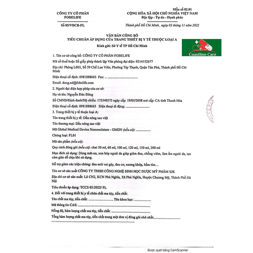 Fobelife Dầu Nóng Sao Việt – Giảm Đau Mỏi Vai Gáy  - Coastlinecare Pharmacy