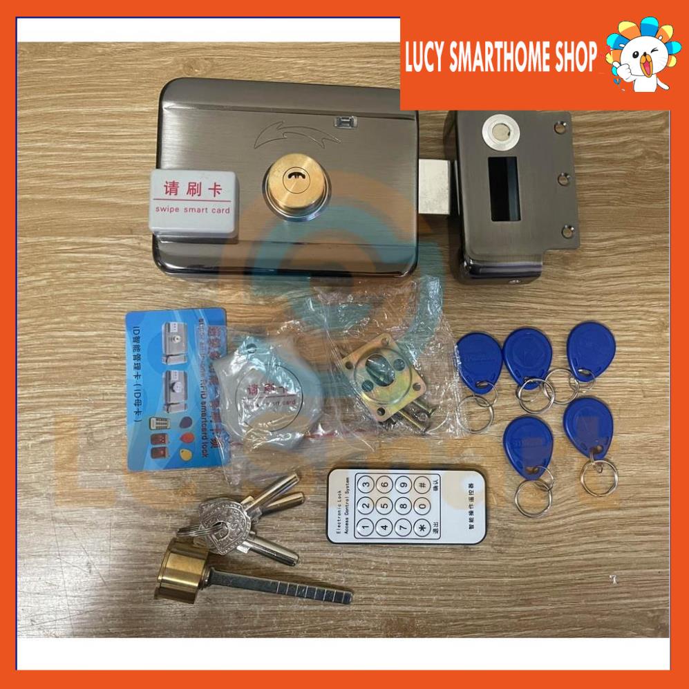 Khóa Cổng thông minh mở cửa bằng thẻ từ và chìa cơ cả bên trong và ngoài (dùng được cả pin AA và điện 12V)