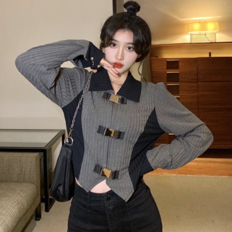 Áo Sơ Mi Nữ Tay Dài Màu Tương Phản Phong Cách Hàn Quốc Thời Trang