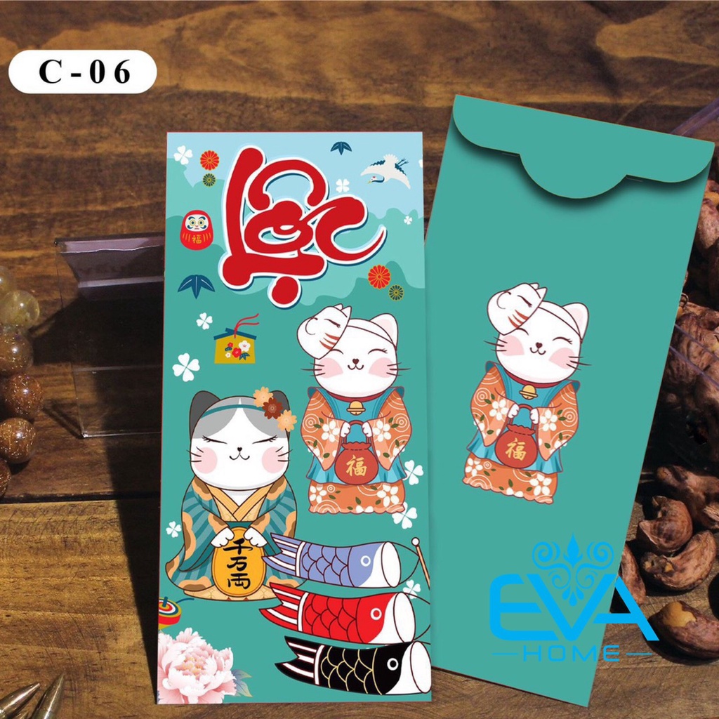 Set 10 Cái Bao Lì Xì Hoạ Tiết Mèo Thần Tài Phát Lộc Phối Nhiều Mẫu Phong Cách Việt Đặc Sắc M877