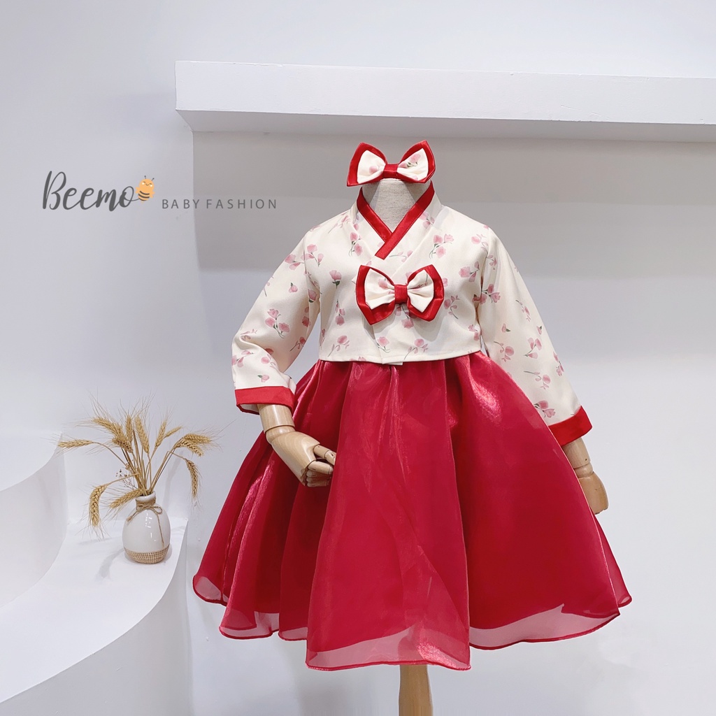 Set bộ hanbok Beemo xinh xắn kèm nơ đáng yêu chất liệu tafta, tơ, mặc đi sự kiện, lễ Tết cho bé từ 1 đến 7 tuổi - 22401D