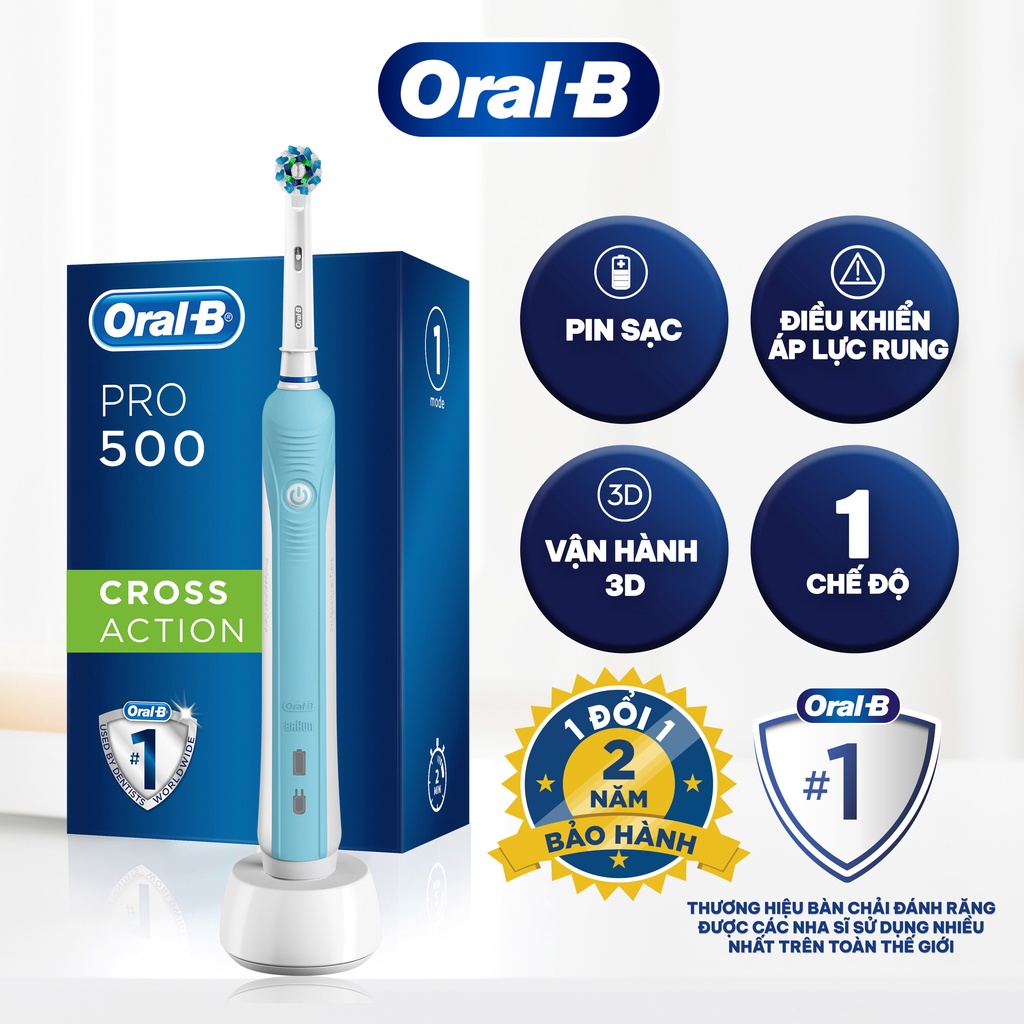 Bàn chải điện Oral-B Pro 500 Cross Action loại bỏ thêm đến 100% mảng bám