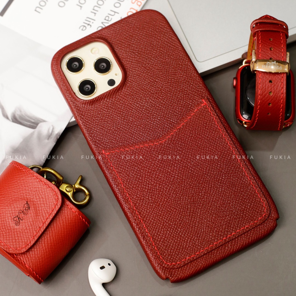 Combo dây và ốp da thủ công Full viền Epsom Đỏ Đô dành cho Đồng hồ thông minh/ Đồng hồ cơ và Iphone CB029