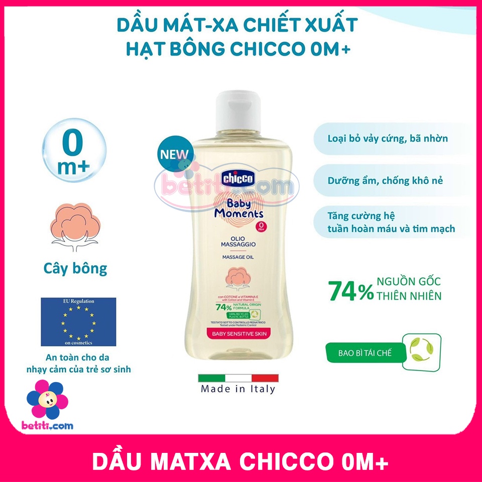 Dầu Matxa Chiết Xuất Hạt Bông Chicco - Dầu Mát Xa Cho Bé Sơ Sinh - 200ml Chicco+ (0m+) - 8058664129331