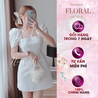 Đầm cổ vuông tay bồng hở lưng dáng xòe FLORAL DESIGN nữ trắng đen dáng xòe cổ yếm tiểu thư