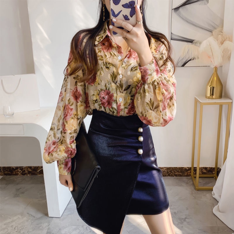 Áo Sơ Mi Chiffon Tay Dài Dáng Rộng In Họa Tiết Hoa Thời Trang Mùa Hè Xinh Xắn Cho Nữ