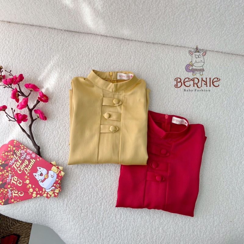 (Kèm quần) Bộ áo dài Tết bé trai Bernie chất lụa đính cúc kèm quần - Áo dài cách tân cho bé từ 9-22kg- 22B490
