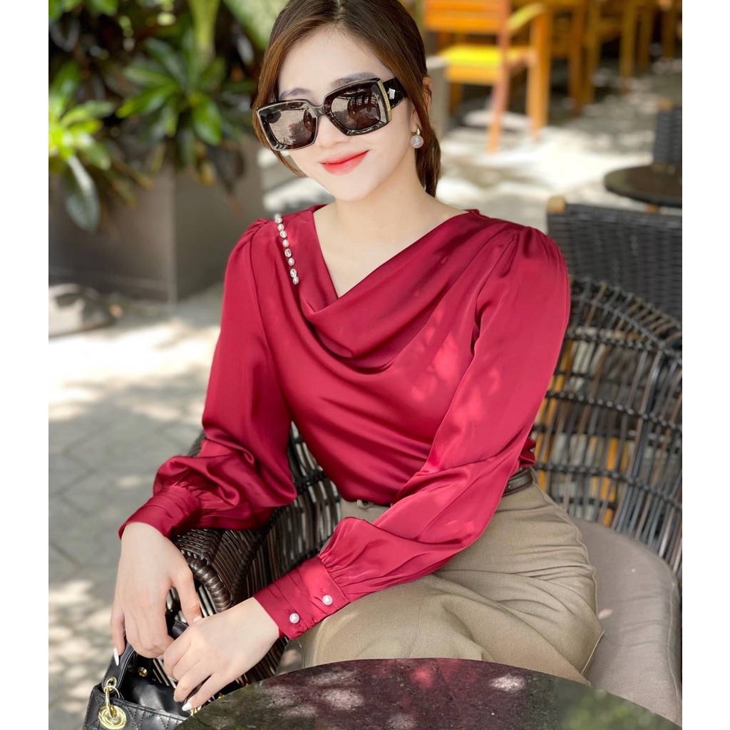 21043 - Áo sơ mi lụa cổ đổ, áo sơ mi công sở nữ tay bo gấu