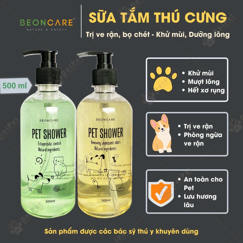 Sữa Tắm Trị Ve Rận Bọ Chét Khử Mùi Mềm Mượt Giảm Rụng Lông Beon Care Pet Shower 500ml