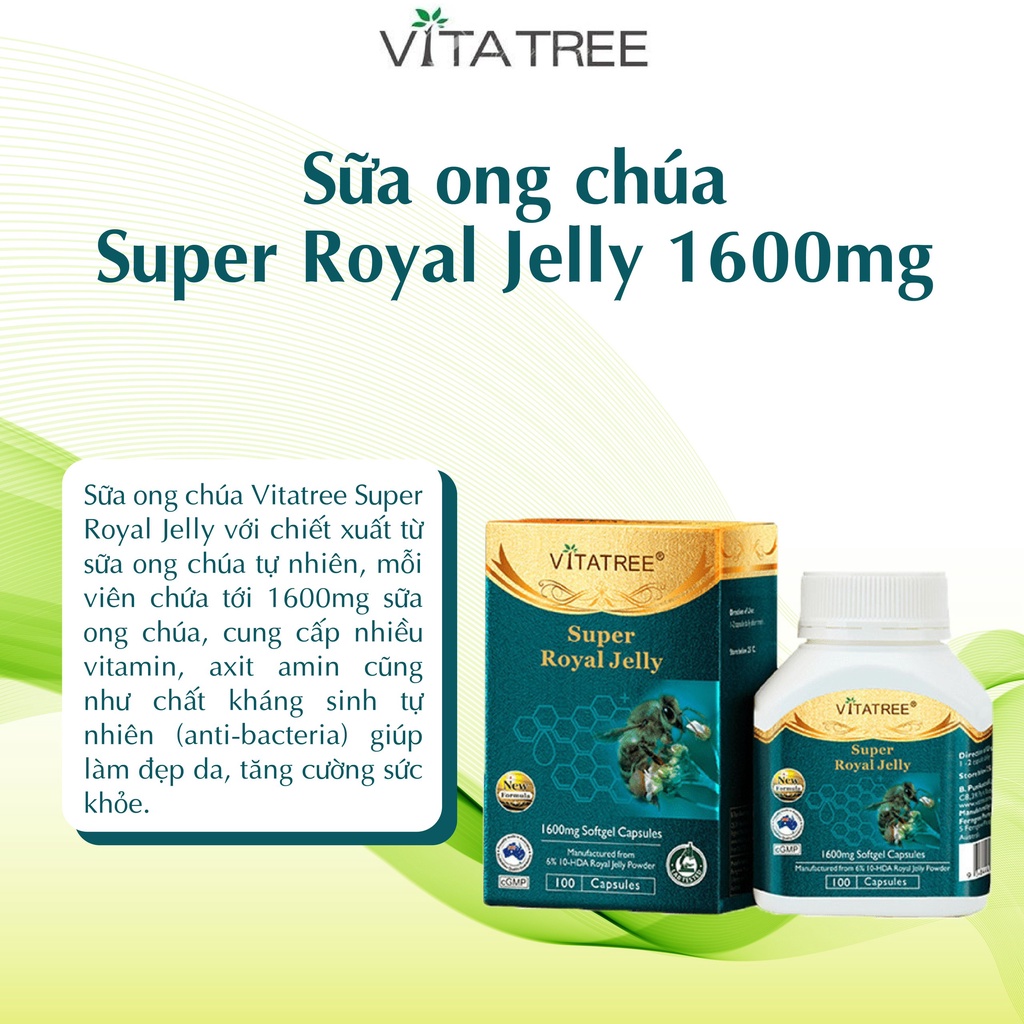 Viên uống sữa ong chúa VITATREE SUPER ROYAL JELLY 1600mg Hộp 100 Viên - tăng cường sức khoẻ, làm đẹp da