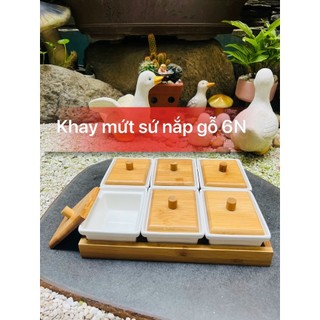 Khay mứt sứ/ thủy tinh nắp gỗ 6 ngăn