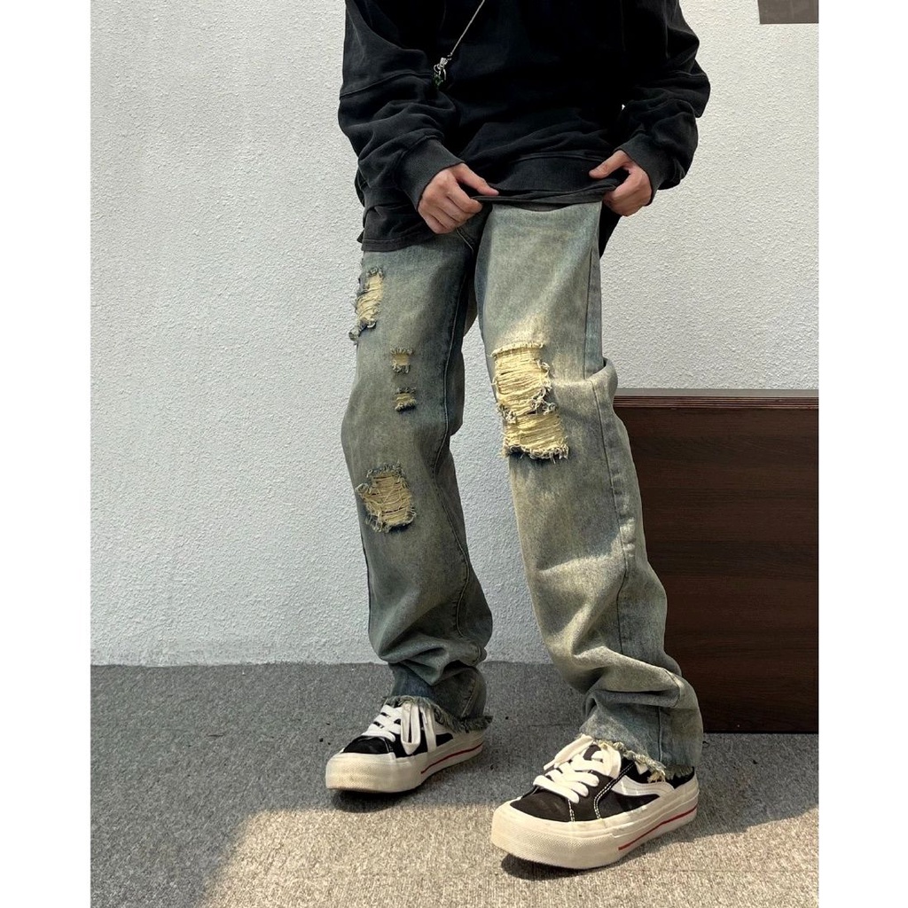 Quần Jeans Dài Phối Vết Rách Thời Trang Cá Tính Cho Nam Nữ