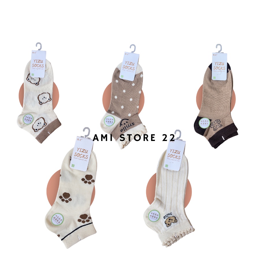 Set 5 Tất Gấu Smile Tông Nâu Nhiều Họa Tiết Đáng Yêu Dễ Thương