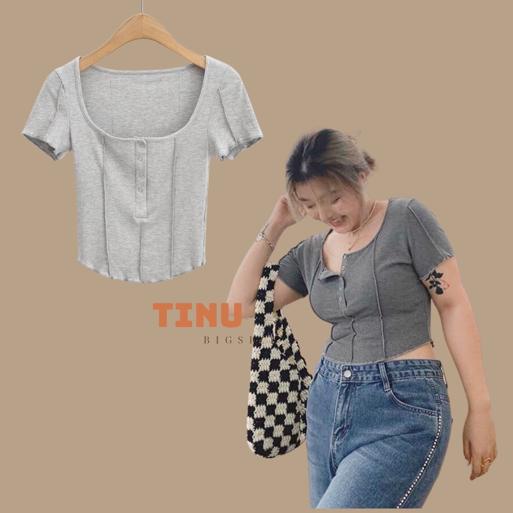 Áo thun cổ vuông, vạt bầu croptop nữ bigsize TINU, tay dài, tay ngắn 55-90kg, độ co dãn cao chất liệu thun gân