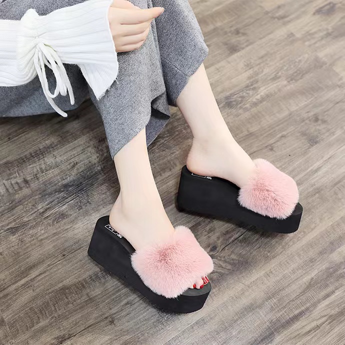 Dép Cao Gót Đế Xuồng Phối Lông Xù Xinh Xắn Thời Trang Cho Nữ