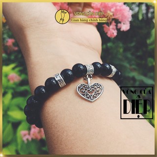 Vòng cặp tình yêu trái tim hoà chung nhịp đập bằng đá đen size 8li, quà tặng lãng mạn hạnh phúc