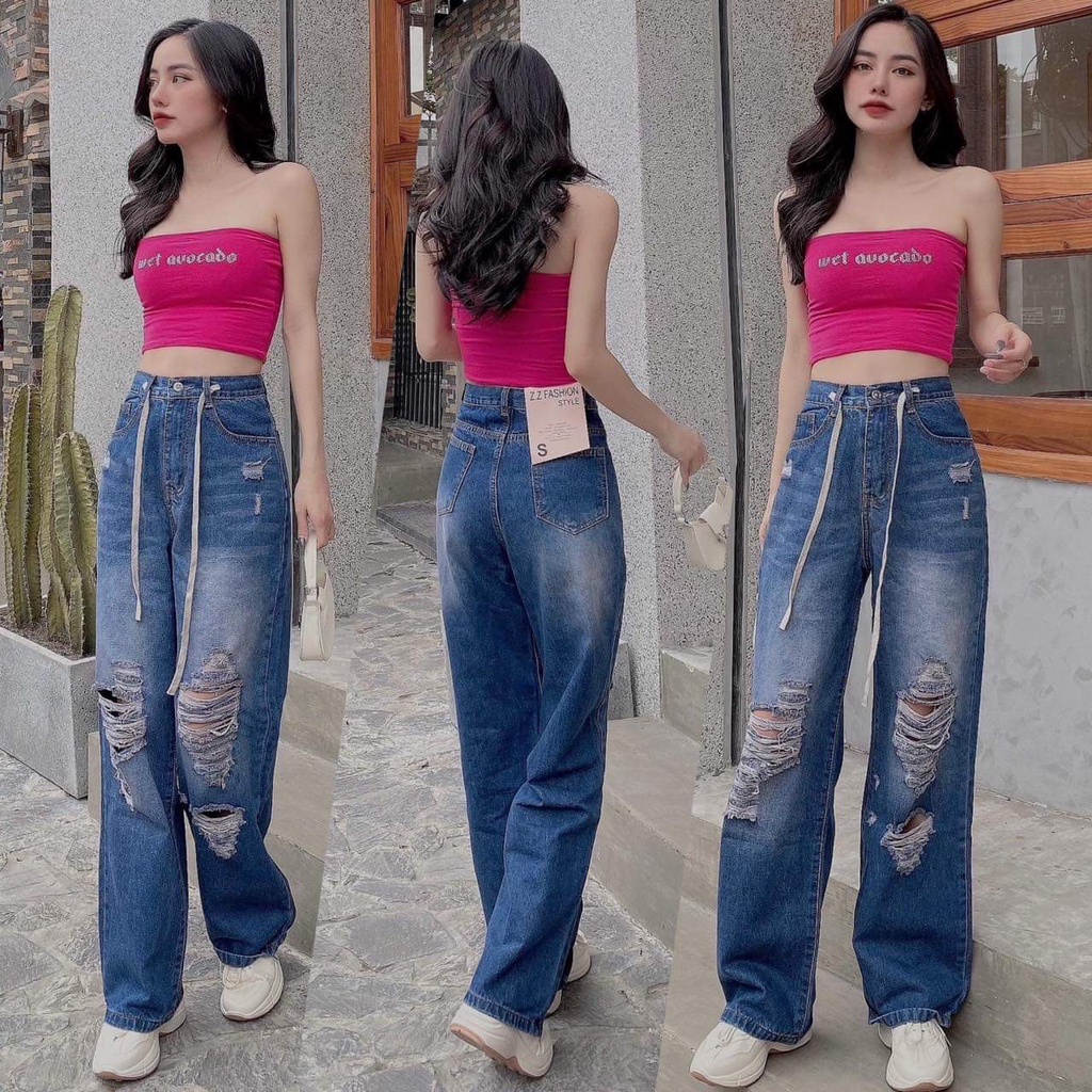 Quần bò Nữ ống rộng rách dây rút - Jeans suông cạp cao dáng dài sexy chuẩn mẫu