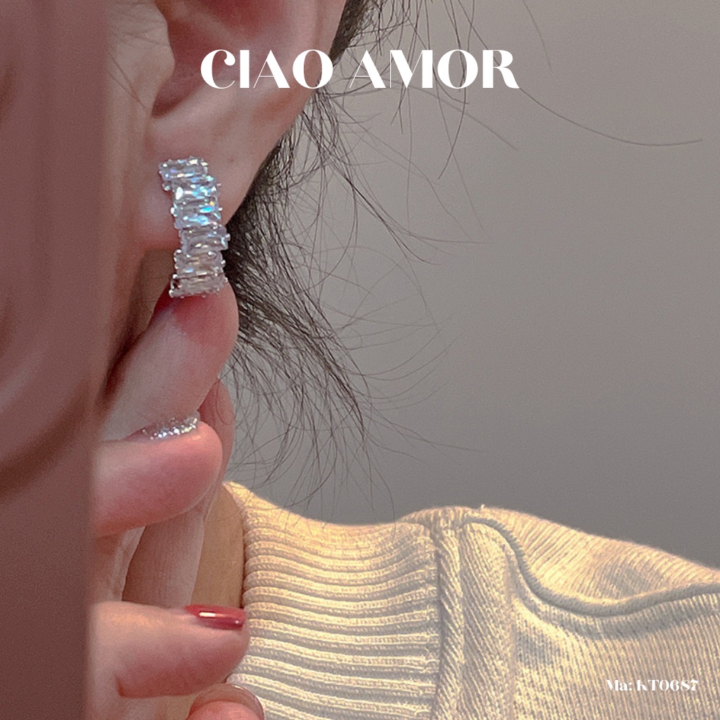 Khuyên tai nữ, Bông tai bạc 925 đá xếp dài lấp lánh nửa vòng Trang sức Ciao Amor - KT0687