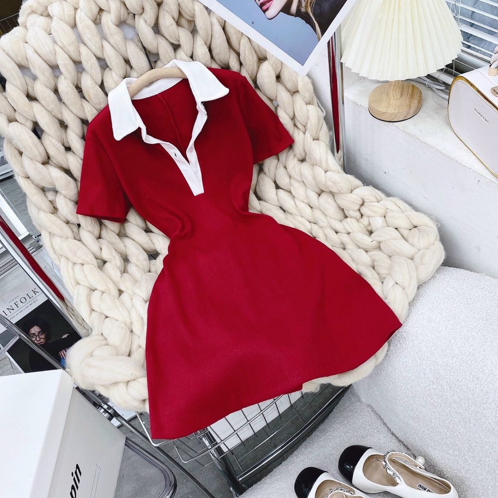 [HÀNG ĐẸP] Đầm Polo Đỏ Viền Trắng Basic