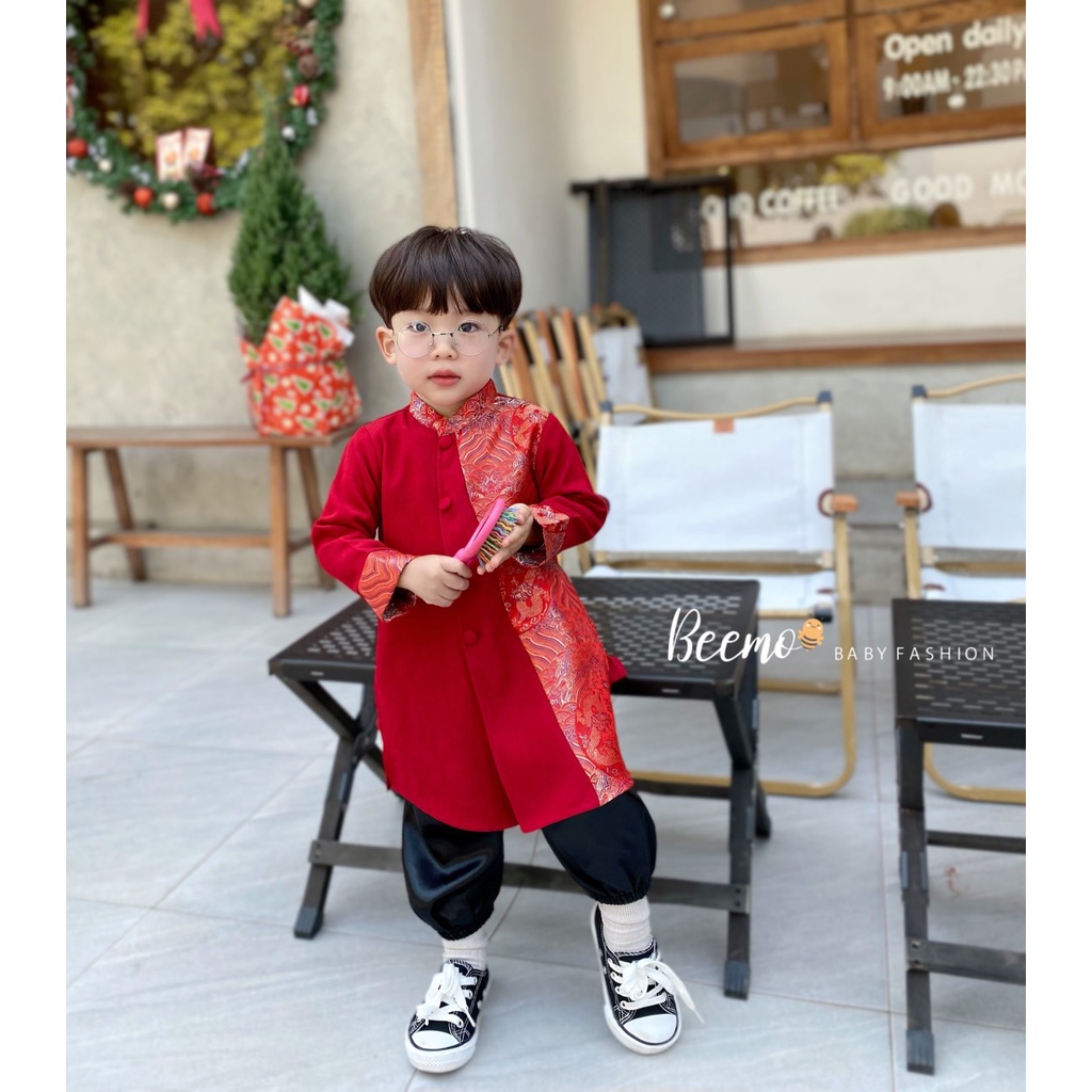 Sét áo dài cách tân cho bé trai Beemo,áo dài thân phối gấm rồng sang trọng cho bé trai,hàng thiết kế chuẩn loại 1