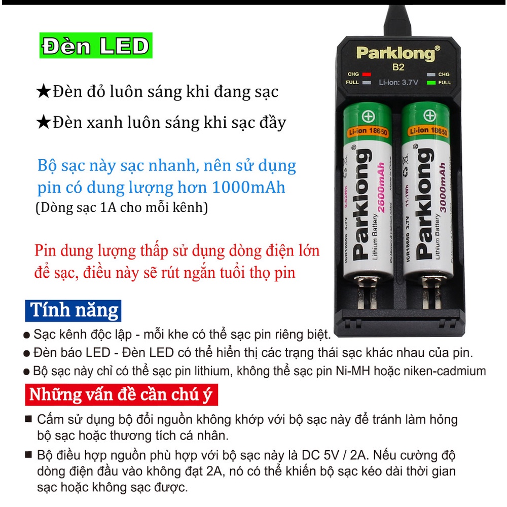 Bộ sạc Parklong B2,pin sạc 18650 pin 3.7V 2200mAh,2600mAh,3000mAh,3400mAh,sạcA1,A2,A4, Pin chính hãng
