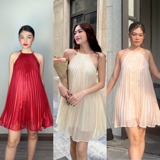  Đầm cổ yếm xếp ly  váy 2 dây dập ly organza dáng ngắn trắng hồng - ORIMI 
