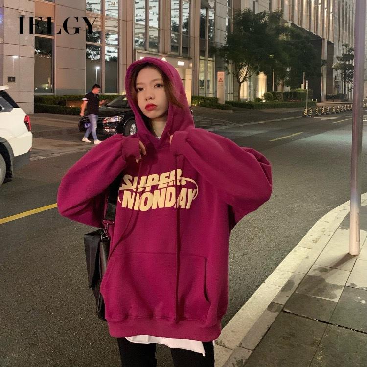 IELGY IELGY Áo Hoodie Dáng Rộng In Chữ Phong Cách Hàn Quốc Thời Trang Cho Nữ