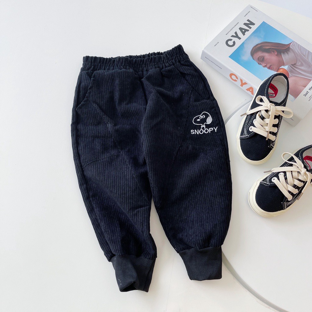 Quần dài cho bé, quần dài bé trai bé gái chất nhung thêu chú chó Snopy cao cấp - HADU KIDS 7-28 kg