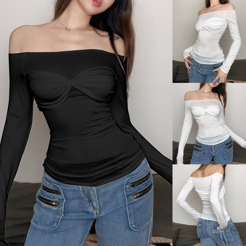 Áo Thun Croptop Tay Dài Trễ Vai Màu Sắc Đơn Giản Quyến Rũ Cho Nữ