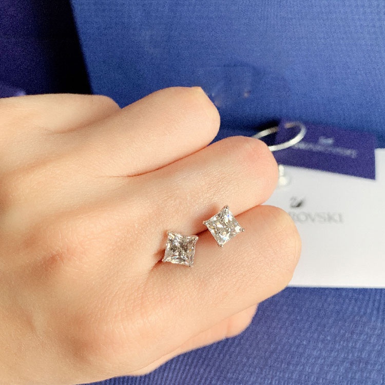 Bông Tai Mạ Bạc 925 Đính Kim Cương Pha Lê Hình Vuông Thời Trang Cho Nữ