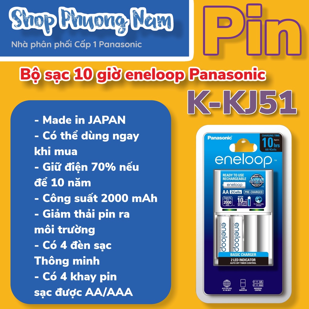 Bộ sạc eneloop Panasonic 10 tiếng (K-KJ51), kèm 2 pin sạc AA 2000mAh, sạc được cả AAA &AA, chính hãng