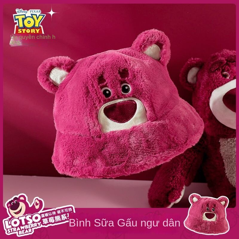 Mũ Bucket Chính Hãng Mặt Tròn In Hình Gấu Dâu Tây Disney Phối Lông Thời Trang Thu Đông Cho Nữ