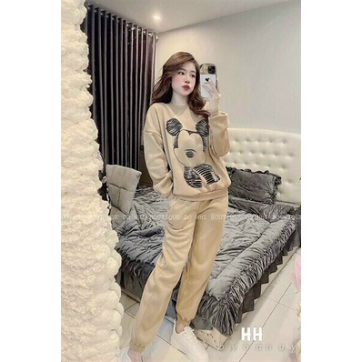 Đồ bộ nữ dễ thương, set đồ bộ nữ 2 món quần dài ống thun kèm áo hoddie tay dài hình gấu siêu dễ thương, chất nỉ mát