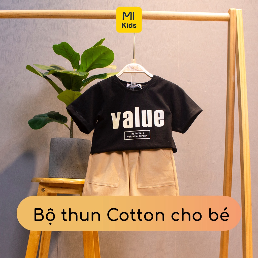 Bộ cộc tay bé trai Họa Tiết Chữ Value thời trang phong cách, Chất Cotton Thoáng Mát Cho Bé Đến 55Kg mặc đi học đi chơi