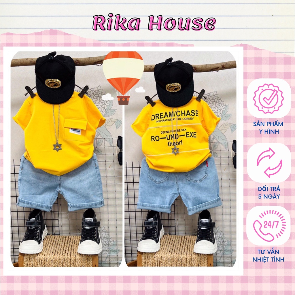 Đồ bộ bé trai, bộ jean phối túi sành điệu cho bé từ 15 đến 55 kg