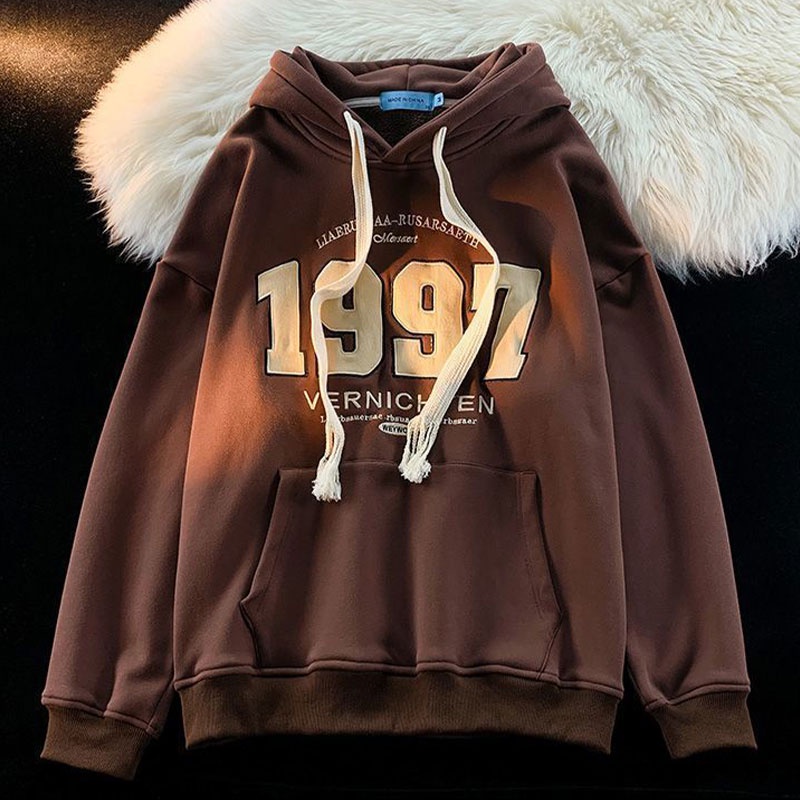 Audday Áo hoodie Nhung Dày Dáng Rộng Phong Cách retro Cho Cặp Đôi