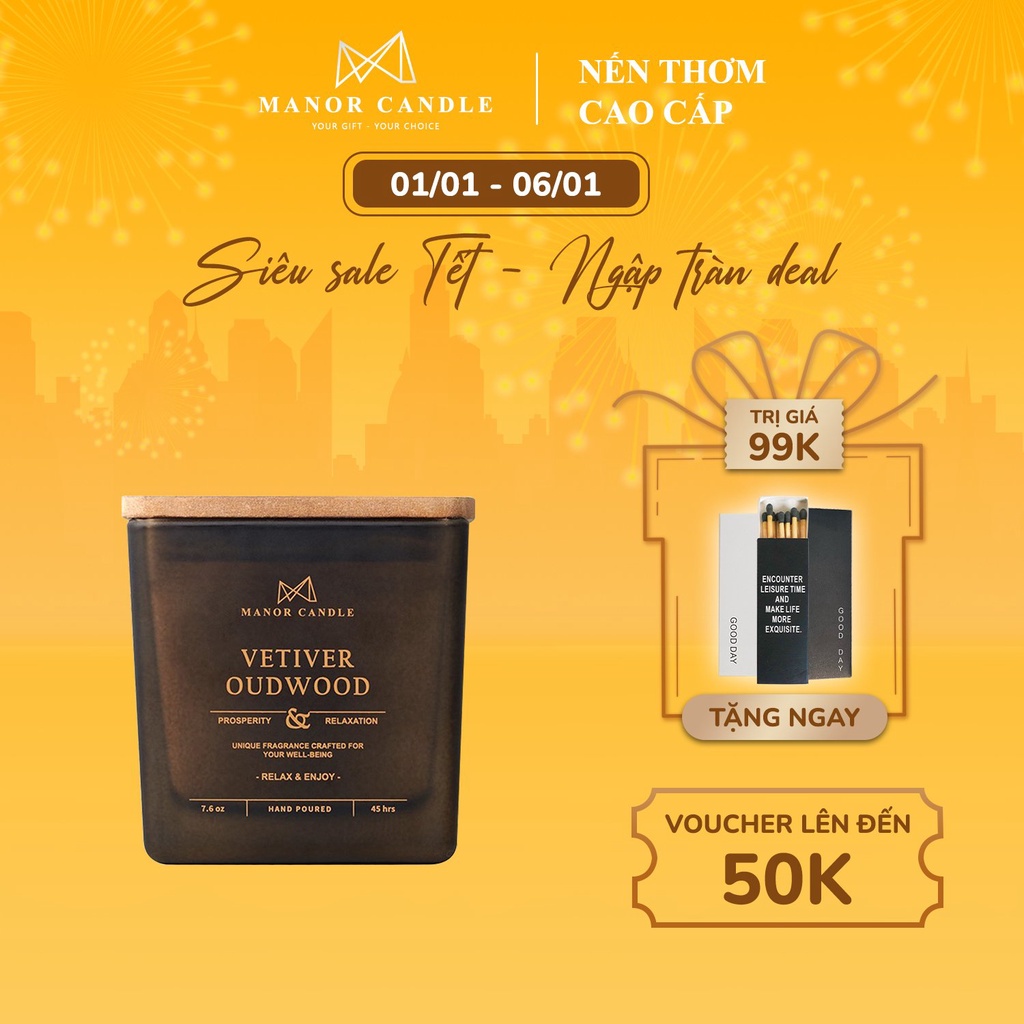 Nến Thơm Cao Cấp Vetiver Oudwood Size 7 OZ Lạc Mình Vào Đám Cỏ Giữa Ngày Nắng Ấm Áp - Chính Hãng Manor Candle