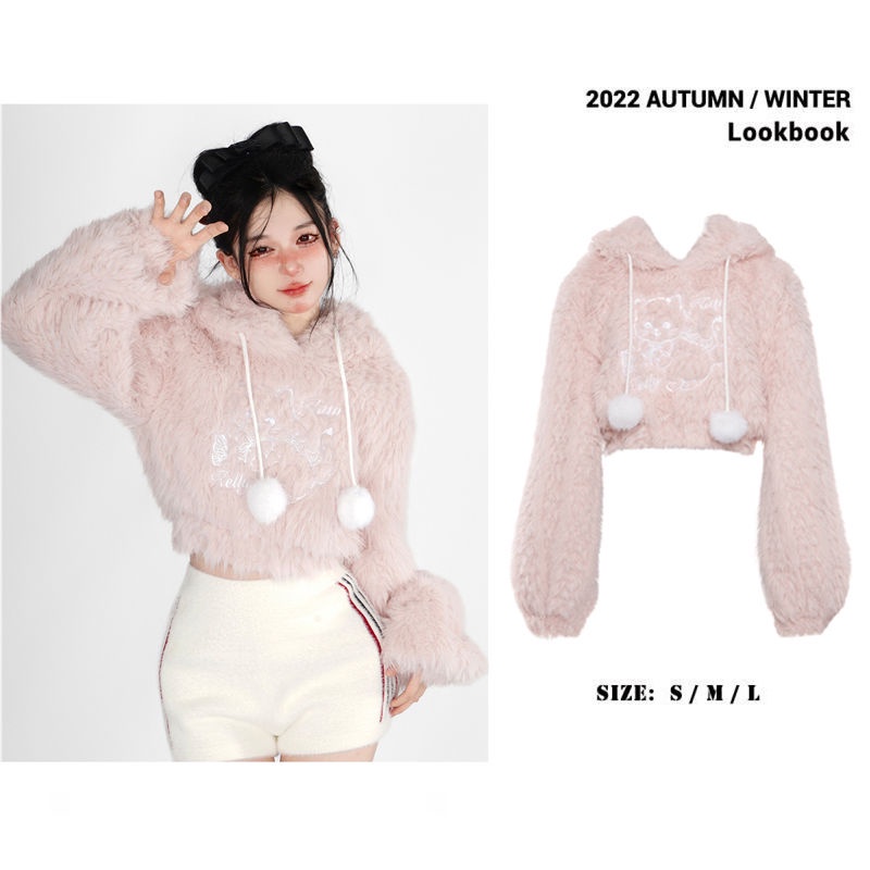 Áo Hoodie Vải Len Sáp Mềm Dáng Ôm Thêu Hình Mèo Dễ Thương Thời Trang Thu Đông