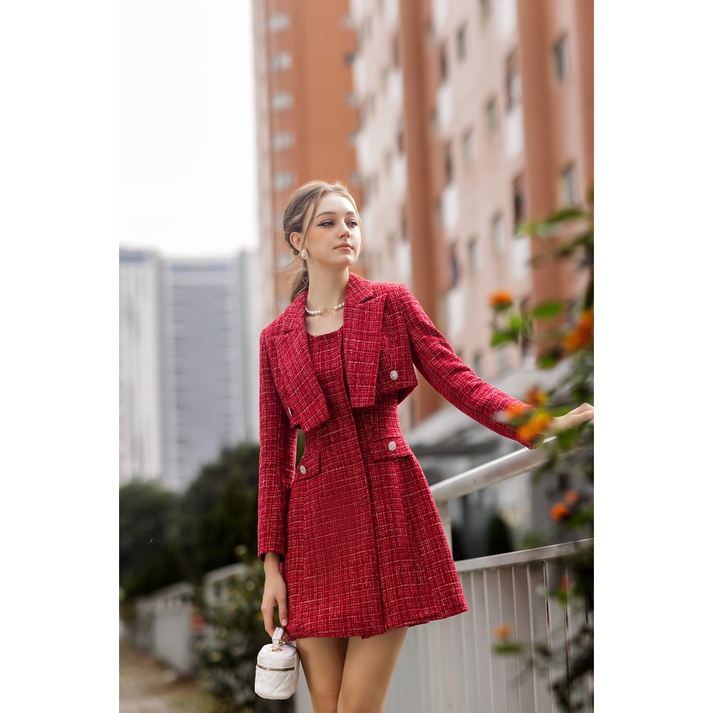 Set vest công sở nữ Lamia Design SET020 dạ tweed nhung màu đỏ sang trọng tinh tế