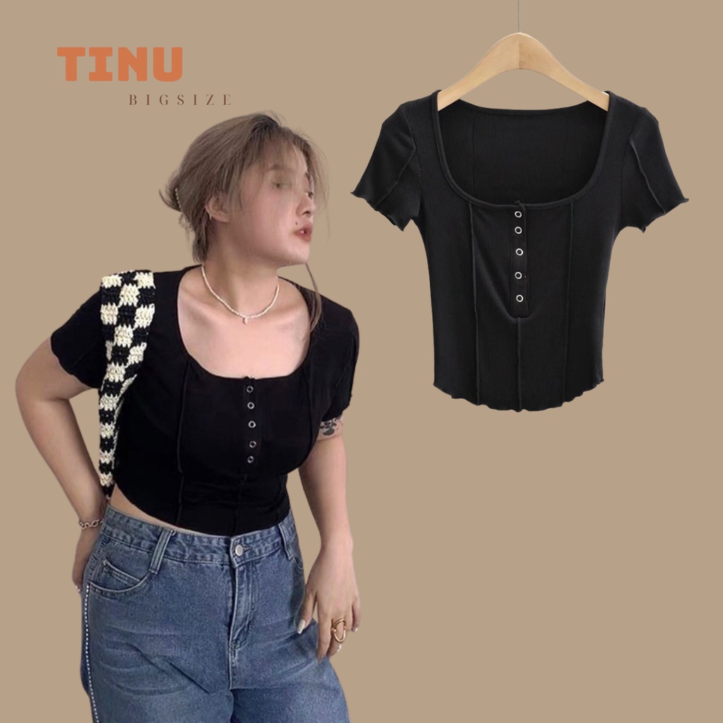 Áo thun cổ vuông, vạt bầu croptop nữ bigsize TINU, tay dài, tay ngắn 55-90kg, độ co dãn cao chất liệu thun gân